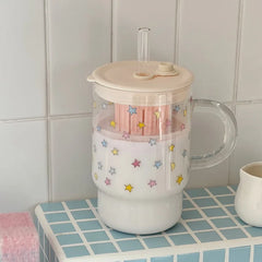 YICKYUE  -  High Borosilicate Glass Star Straw Cup Household Transparent Large Capacity Drinking Cup for Girls with Lid and Handle Straw Cup