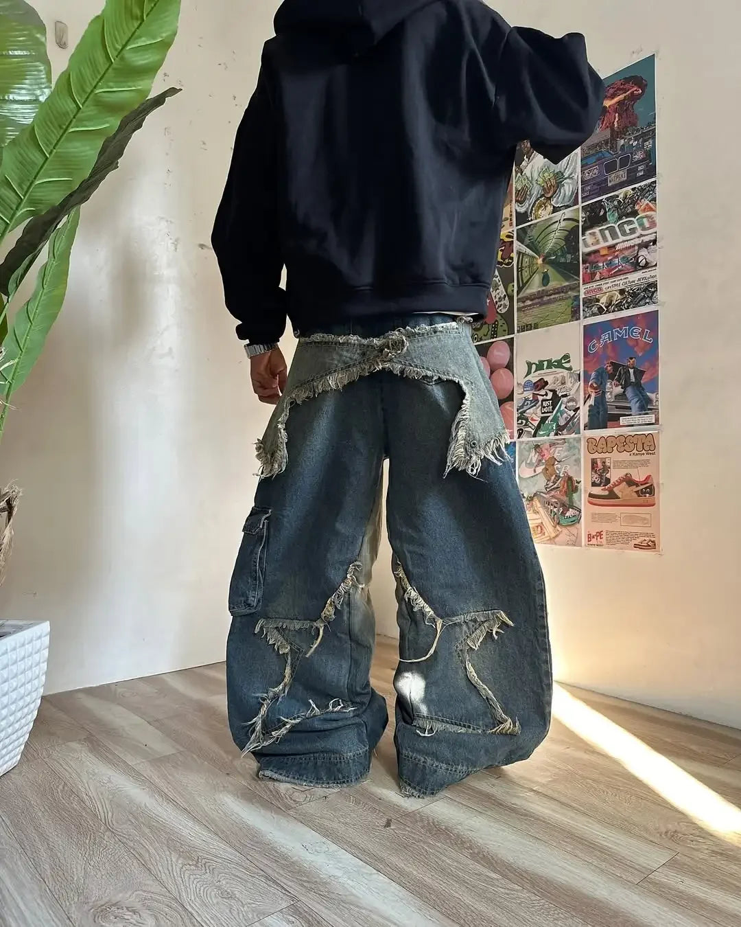 HEARUJOY  -  Y2K Baggy Jeans Star Pattern Stitching Tassel Pants Women American Retro High Street Jeans Loose Trendy Wide Leg Pants Clothes