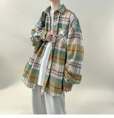 HEARUJOY  -  Trendy Blue Plaid Work Coat-like Brushed Shirt Jacket