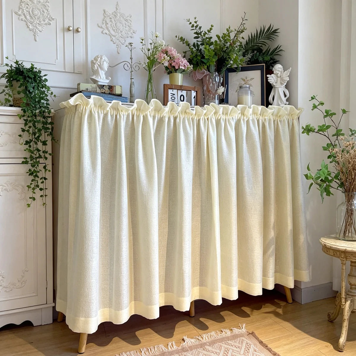 YICKYUE  -  Cream Linen Semi Sheer Cabinet Curtains, Rod Pocket Ruffled Top Cupboard Shelf Cover Valance for Kitchen Home Decor