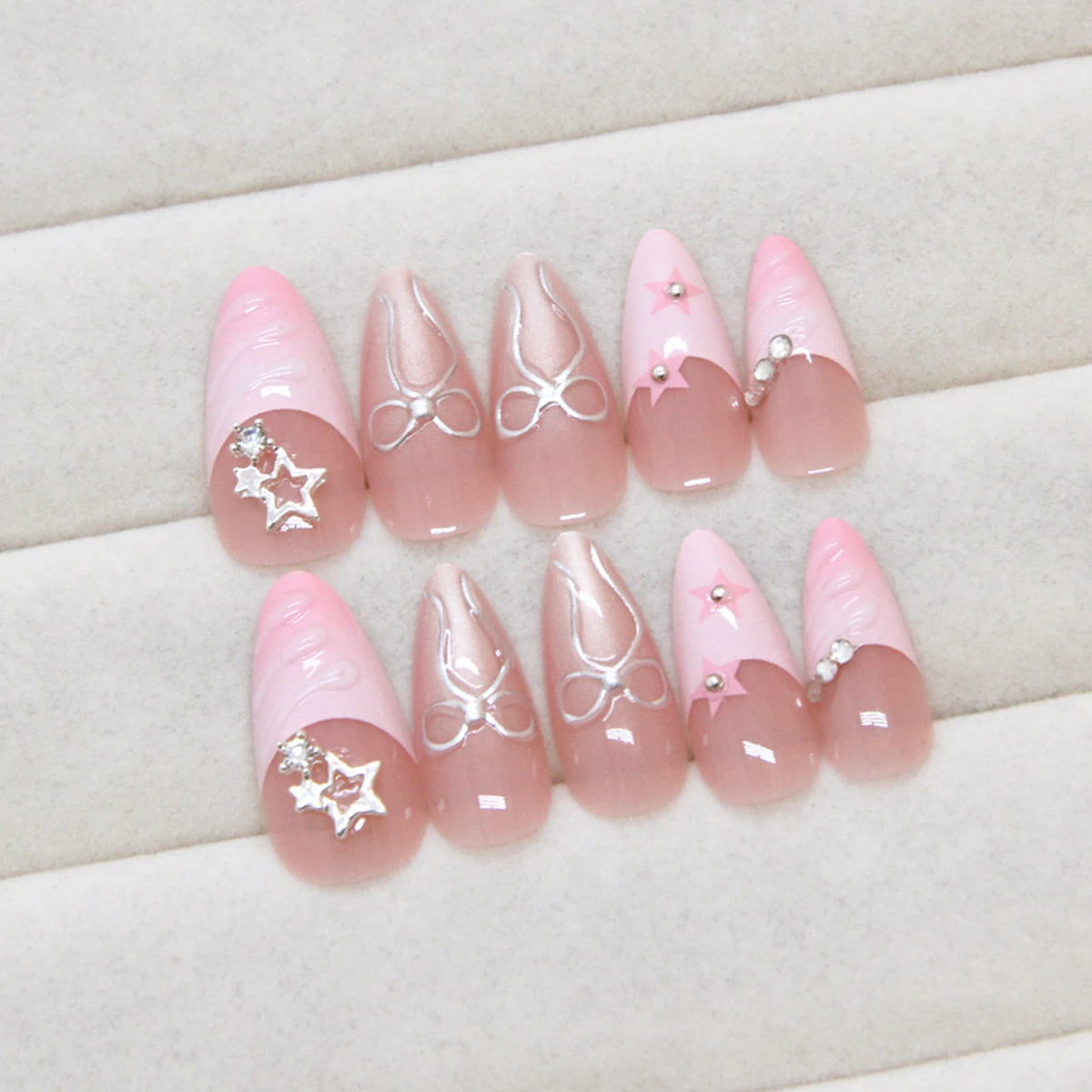YICKYUE  -  24pcs Ins Pink French Fake Nails 3D Sweet Bow Decor Press on Nails Full Cover Y2k Diamond Star Almond Head False Nail Patches
