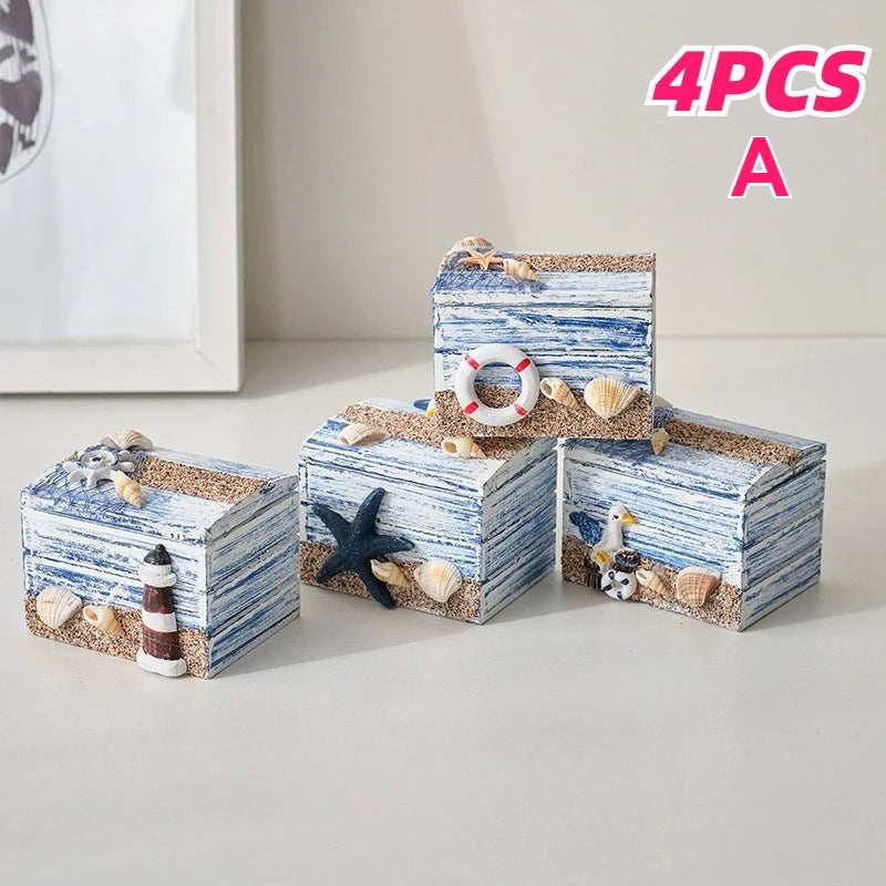YICKYUE  -  4pcs Mediterranean Wooden Storage Box Jewellery Organiser Small Wooden Box From Ocean for Beach-Themed Displays Home Decoration