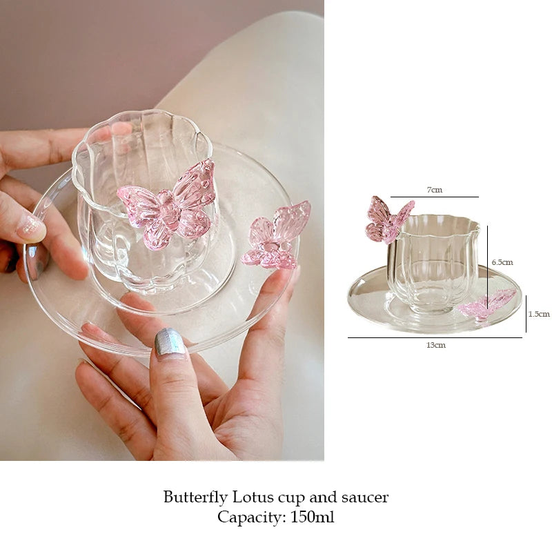 YICKYUE  -  Coffee Cup and Saucer Set Glass Mug Butterfly Flower Afternoon Tea Set Dessert Plate Gift Elegant Household Drinking Utensils