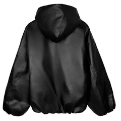 Hearujoy High Street Black Color Pu Leather WIndbreaker Coat Mens and Women Cleanfit Casual Loose Zipper Hooded Jackets Oversized