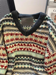Hearujoy French Retro Jacquard Color Blocked V-neck Sweater Women Early Autumn Lazy Style Worn Outside Soft Sticky Knitted Sweater Top