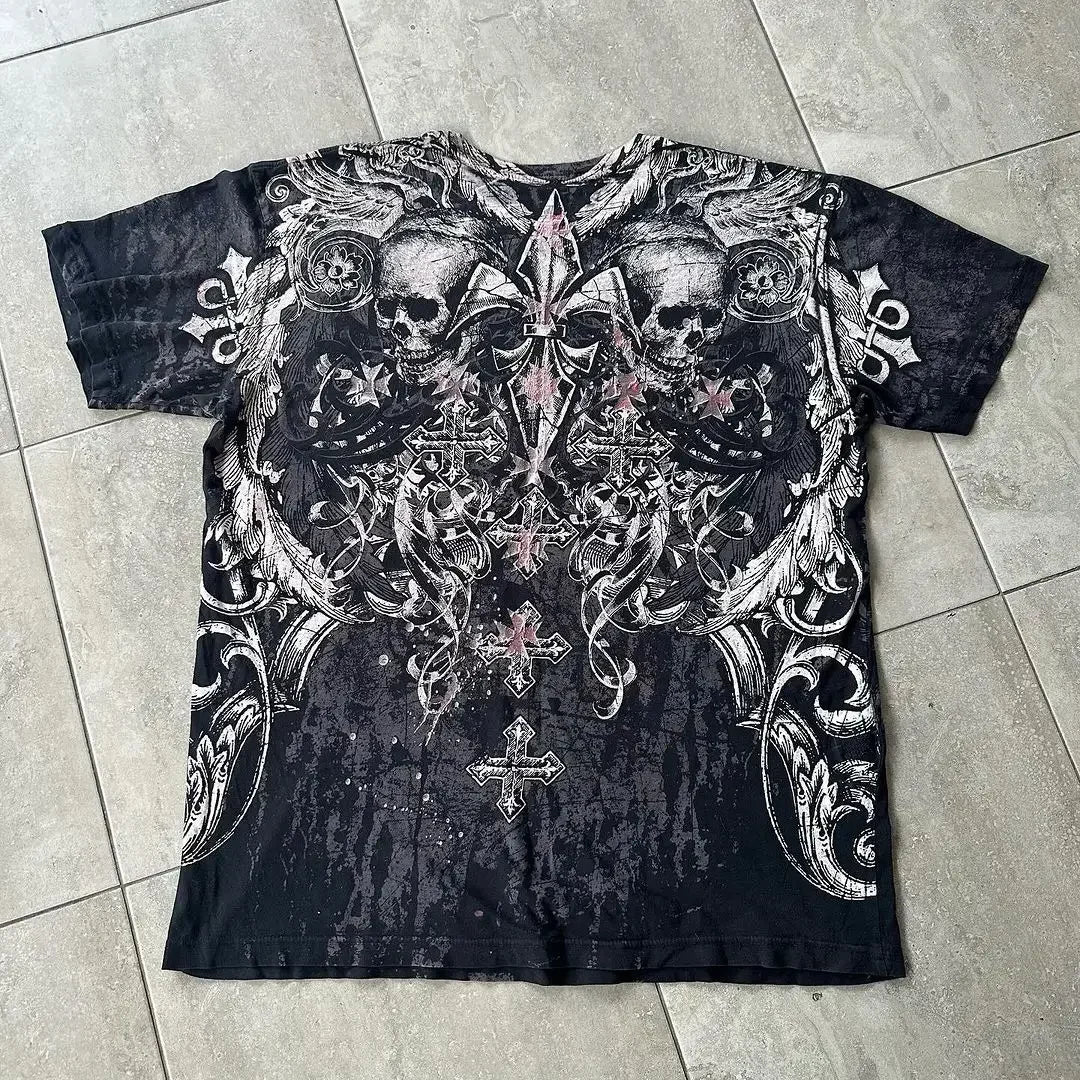 Hearujoy Y2K Retro Gothic Skull Print T-shirt American Street Fashion Oversize Short Sleeves Men Hip Hop Punk Harajuku Casual Cotton Tops