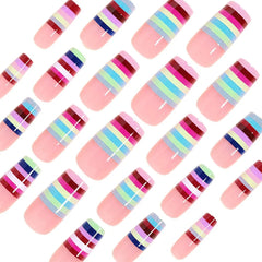 YICKYUE  -  24pcs Dopamine Color False Nails Lines French Tip Press On Nails Wearable Long Coffin Fake Nails For Fashion Party And Daily Use