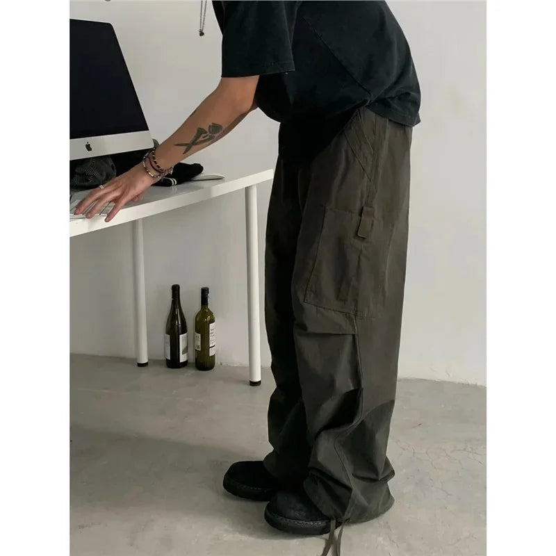 HEARUJOY  -  Retro Japanese Style Clean Fit Drop Crotch Paratrooper Workwear Pants Thin Casual Long Trousers for Men And Women