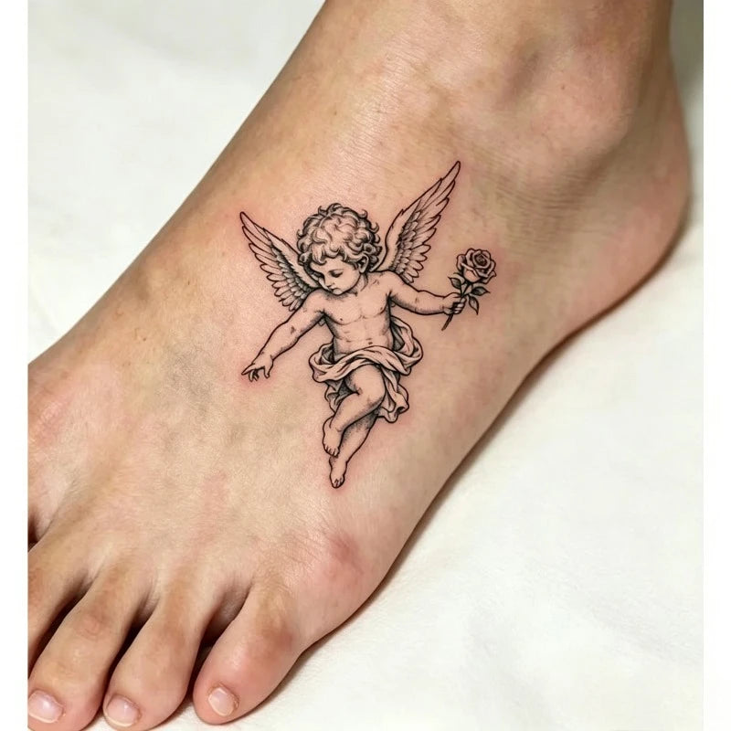 YICKYUE  -  Baby Angel Tattoo Sticker Long Lasting Herbal Temporary Tattoo for Women Man Ankle Collarbone Body Art Fake Tattoo Fashion