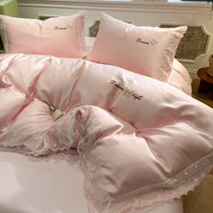YICKYUE  -  3/4Pcs Bedding Set Euro Summer Cooling Tencel Pre-Washed Silk Blue Butterfly Lace Trim Luxury Duvet Cover Includes Pillowcase
