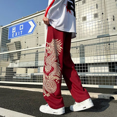 Hearujoy 2024 Spring New Sweat Pants Men Women Dragon Printed Trousers Red/Black Drawstring Pants Streetwear Casual Sweatpant M-5XL