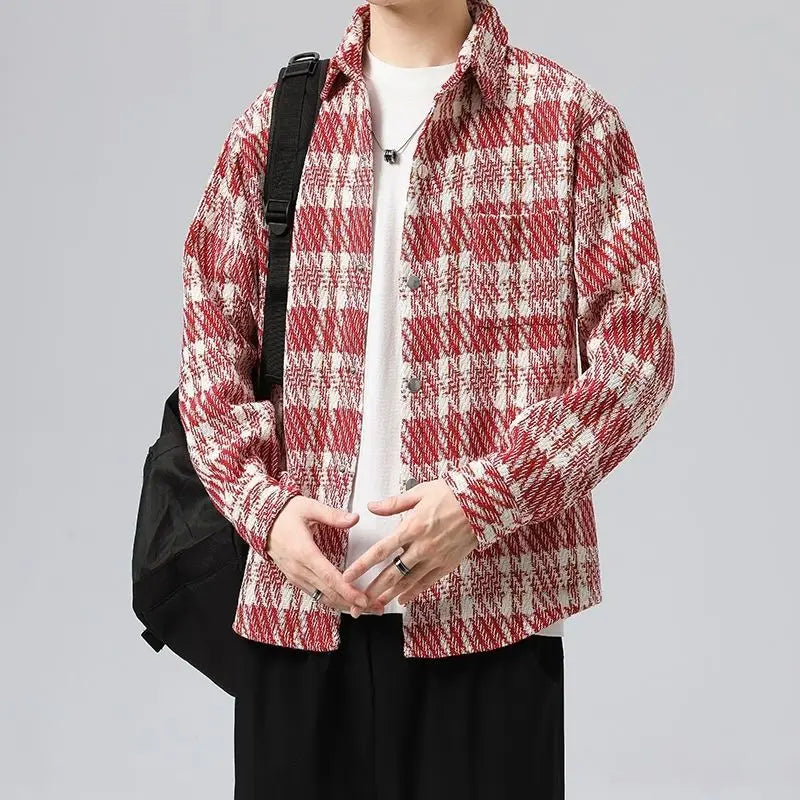 HEARUJOY  -  Knitted Men's Trendy Brand Loose Casual Cardigan Jacket Plaid Shirt