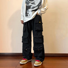 Hearujoy Cargo Pants Multi-pockets Tooling Pant Harajuku Men's Vintage Loose Wide Leg Pants Streetwear Casual Hip-hop Mopping Trousers