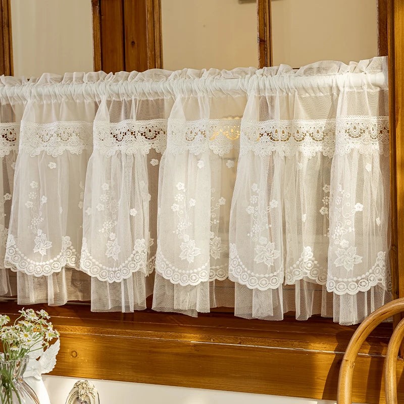 YICKYUE  -  White Lace Short Curtain Double-layer Bookcase Enclosure Kitchen Door Curtains Cafe Livingroom Window Kitchen Half Curtain Decor