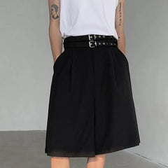 Hearujoy Summer Men's Five-point Shorts Casual Straight Double Belt Design High-waisted Black Male Clothing Wide Leg 9C5517
