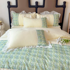 YICKYUE  -  3/4Pcs Korean Princess Style Luxury Haute Couture Chiffon Lace Ruffle Queen/King Size Quilt Cover Bed Skirt Double Bedspreads