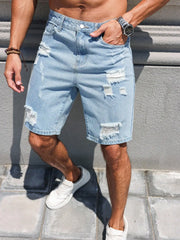 HEARUJOY  -  Men's Spring/Summer Street Fashion Casual Ripped and Distressed Straight-Leg Blue Denim Shorts, maintains its shape, wrinkle-res