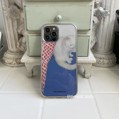 YICKYUE  -  Klein Blue Polka Dot Cute Cat Kawaii Animal Drop Glue Phone Case For iPhone 17 16 15 14 13 12 11 Pro MAX Plus 17air 16e Cover