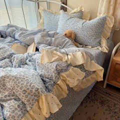 YICKYUE  -  3/4pc Ruffle Bedding Set Soft Washed Cotton Duvet Cover Set+ Bed Sheet+Pillowcases Leopard Dot Single Full Queen Home Bedclothes