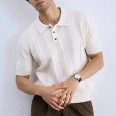HEARUJOY  -  Men's Solid Color Striped Knitted Short-Sleeved Polo Shirt Retro Fashion Trend Casual Simple Loose Breathable Summer Men's Tops