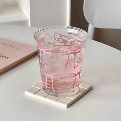 YICKYUE  -  Bow Glass Cup Cute Water Cup Cartoon Bow Glass Cup Striped Cute Doodle Coffee Mug Household Fruit Tea Lemonade Girls Gift
