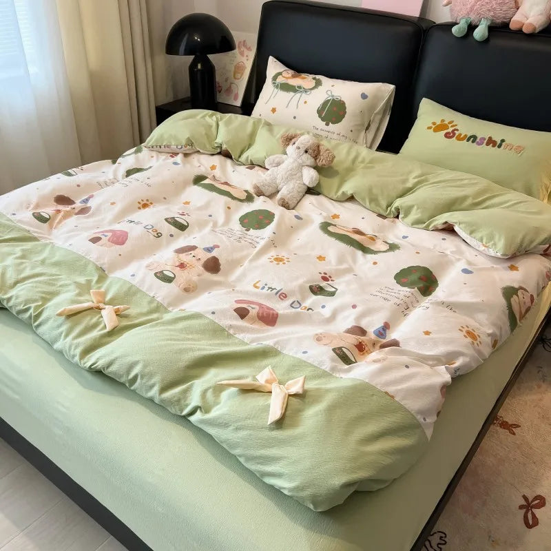 YICKYUE  -  3/4Pcs Bedding Set Bed Sheets Full Set 100% Cotton Checkered Bow Pink Duvet Cover Cute Core Princess Bedding Four-Season