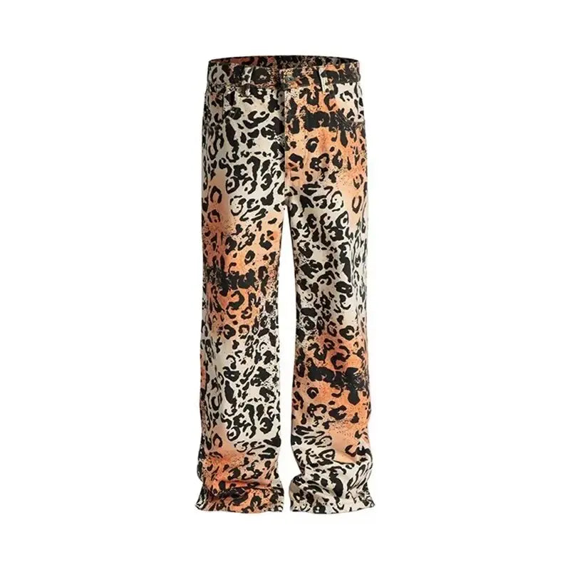 HEARUJOY  -  High Street Retro Jeans Mens Washed Old Leopard Print Full Print Cowboy Trousers Hip Hop Straight Wide Leg Denim Overalls Summer