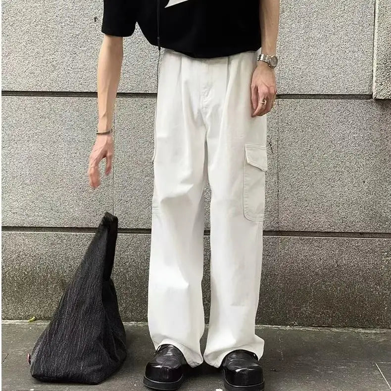 HEARUJOY  -  Big Pocket White Mens Cargo Pants Loose Straight Tube High Street Trousers Solid Simplicity Trend Wide Legs Overalls