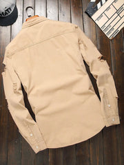 HEARUJOY  -  Men's Khaki Ripped Long - Sleeve Shirt for Summer, Trendy Street Style