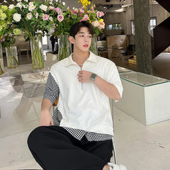 Hearujoy Korea Summer Loose Casual Zipper Men's Shirt Stitching Fashion Designer Clothes Short Sleeve Contrast Color mens t shirts