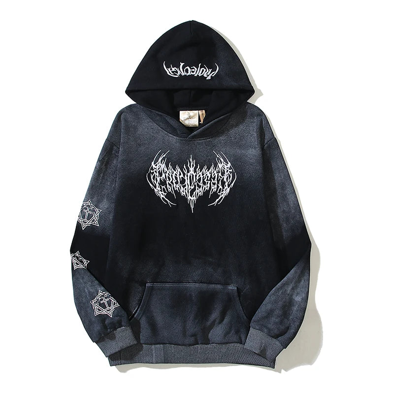 Hearujoy High Street Tie Dye Letter Embroidery Terry Hooded Hoodies for Men and Women Pullover Distressed Baggy Casual Sweatshirts