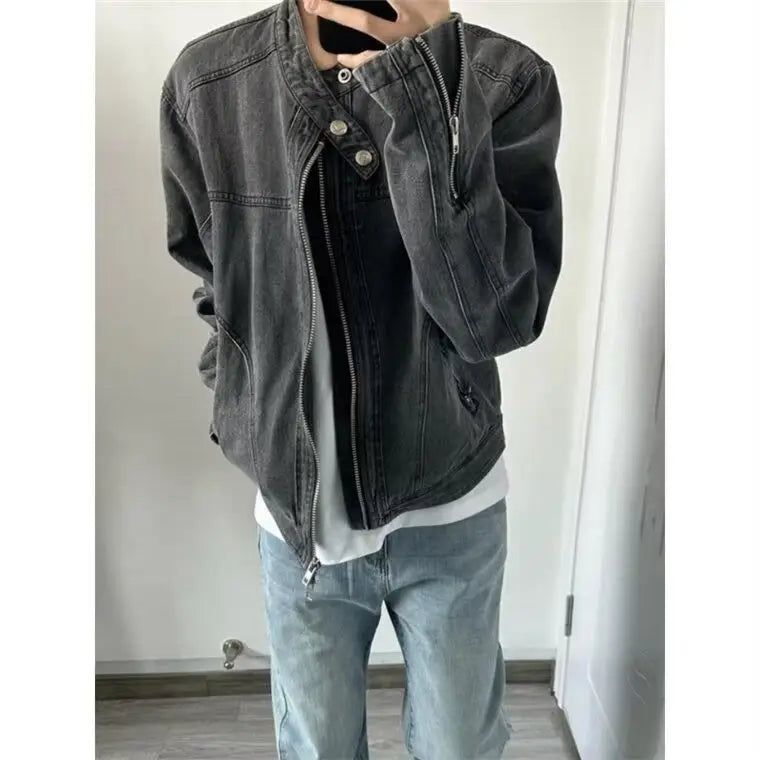 HEARUJOY  -  Punk Gray Denim Jacket Men's American Retro Heavy Industry Coat Metal Design Stand Collar Old Washed Short Spliced Street Jacket