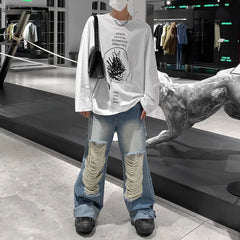 Hearujoy Mens Clothing American Street Loose Trend Contrast Color Ripped Jeans Retro Distressed Straight Fashionable Casual Trousers