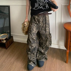 Hearujoy Tan Leopard Cargo Pants Men Y2K Parachute Oversize Wide Leg Trousers Male Streetwear Hip Hop Harajuku Animal Print