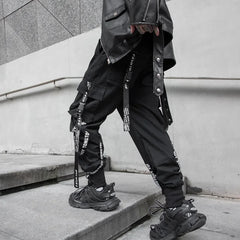 Hearujoy Techwear Cargo Pants Men Joggers Black Cargo Trousers for Men Jogging Japanese Streetwear Hip Hop Hippie Gothic Ribbon