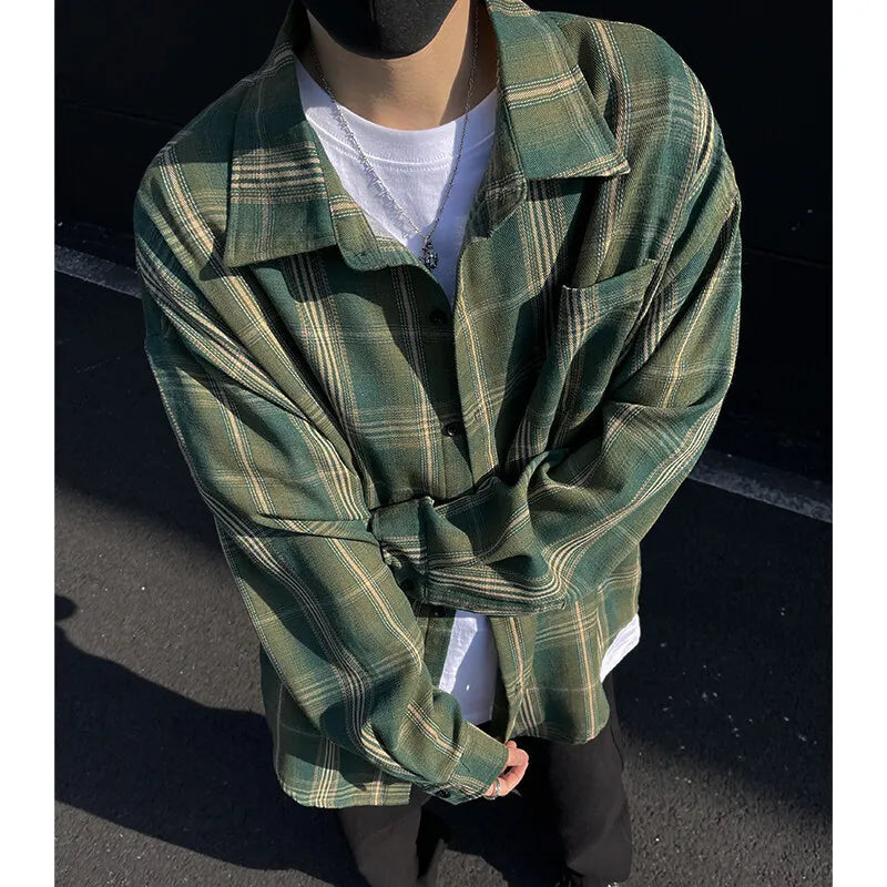 HEARUJOY  -  Brushed Plaid Long Sleeve Mens Shirt Autumn New Style Color Block Loose Versatile Fashion Casual Couple Cool Handsome Top