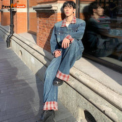 HEARUJOY  -  New Grid Retro Denim Two-piece Set Mens Lapel Color Blocking Street Cowboy Coats+Wide Leg Jeans Suits Hip Hop Trend Sets Unisex