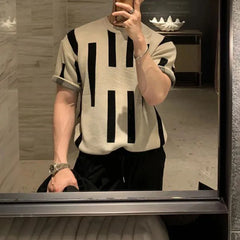 Hearujoy Mens Casual Striped Knitted T-Shirt Genderless Fashion Personality Versatile Streetwear Comfortable Short Sleeve Top Unisex