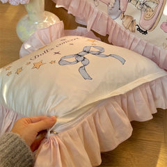 YICKYUE  -  Cute Girl Lace Pillow Cushion Cotton Detachable Cores Home Bedroom Decoration Bed Sofa Bow Letter Printed Pink Pillow 45cmx45cm