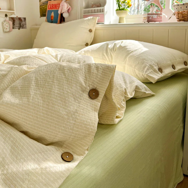 YICKYUE  -  3/4Pcs Bedding Set Futon Minimalist Striped Button-Down Style 100% Washed Cotton Set Single Bed Sheet Set Full-Size Four-Season
