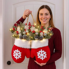 YICKYUE  -  Christmas Mitten Wreath Lighted Garland for Front Door Decoration, Artificial Twinkling Xmas Party Decor, Creative Glove Shaped
