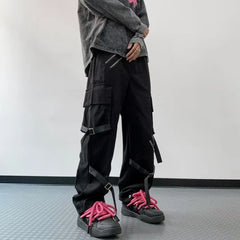 Hearujoy Techwear Cargo Pants Men Hippie Punk Black Trousers Male Hip Hop Harajuku Zipper Darkwear Loose Casual Streetwear