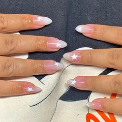YICKYUE  -  24Pcs Press-On Nails Gradient Pink-White Simple Star Design Everyday Almond-Shaped False Nail—Perfect for Women and Everyday Use