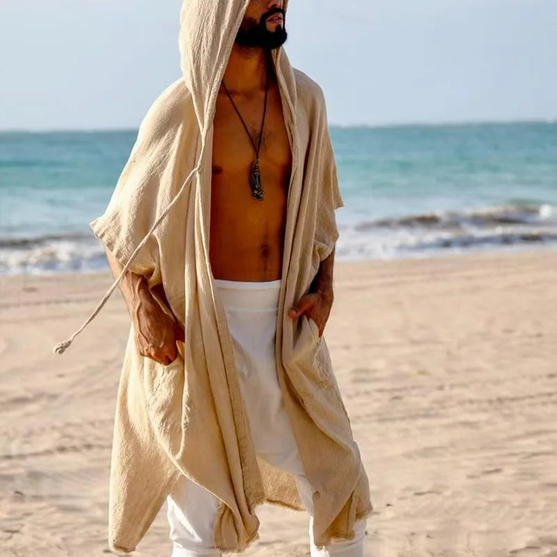 HEARUJOY  -  Men's Summer Mid-length Cardigans Loose Casual Sun Protection Clothes Beach Holiday Style Loose Shawl Coat Male Long Hooded Cape