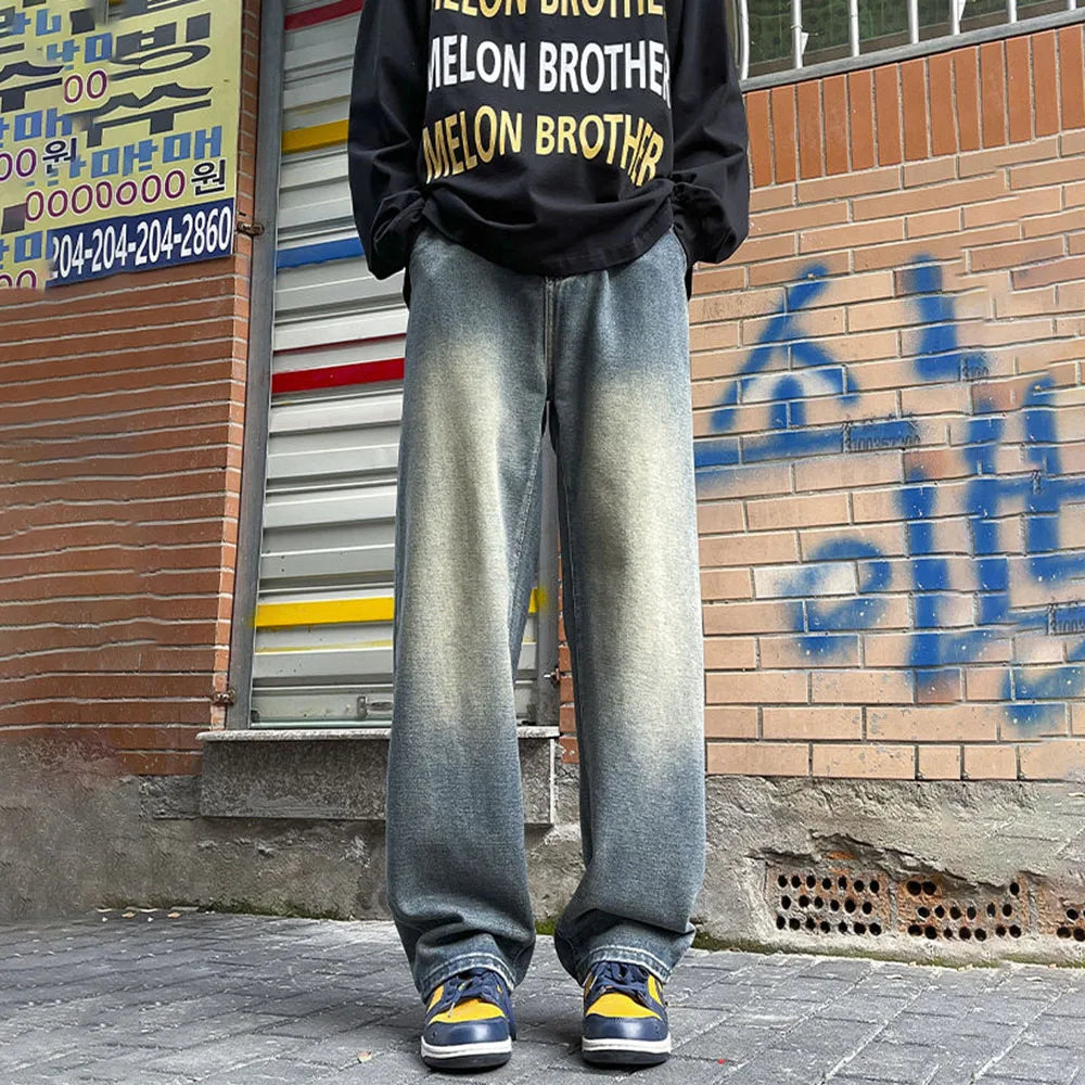 Hearujoy Summer New Fashion Casual Retro Distressed High Street Straight Jeans Men'S Loose Korean Style Trendy Wide Leg Long Pants Men
