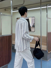 HEARUJOY  -  Men Long Sleeve Shirt Versatile Hong Kong Style Striped Youth Casual Thin Loose Fit Korean Trendy Shirt Or Light Jacket