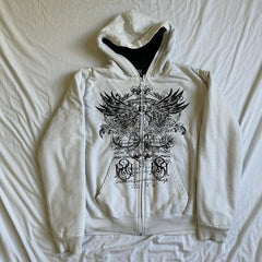 Hearujoy Vintage Wing Print Graphic Long Sleeve Hoodies Women Grunge Zip Up Hoodie Goth Streetwear Oversized Sweatshirt Harajuku Y2k Tops