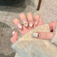 YICKYUE  -  10pcs Handmade Press on Nails Christmas Fake Nails Hand-painted Carved 3D Snowman Decor Wearable Crystal Cat's Eye False Nails