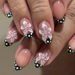YICKYUE  -  24pcs 3D Flower Press On Nails Black French Style Fake Nails With White Polka Dot Designs Almond Shape Manicure Art For Women