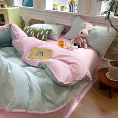 YICKYUE  -  Nordic Stripe Two-Tone Bedding Set High Quality Skin-Friendly Bedclothes with Shell Edge Comfort Colorfast Bed Sets for Single